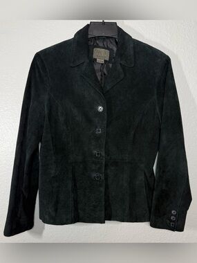 Women Black‎ Leather Jacket Size 10 Button Collared Blazer by Outfit Petite JPR